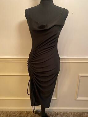 Black Ruched Cowl Neck Midi Dress by E.L.H. Studio